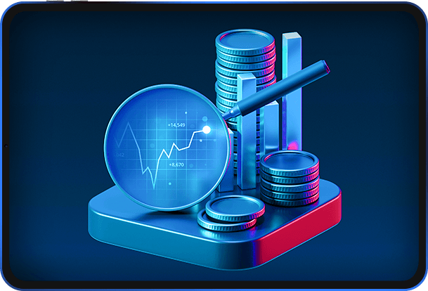 Trading chart and stacked coins on a tablet device